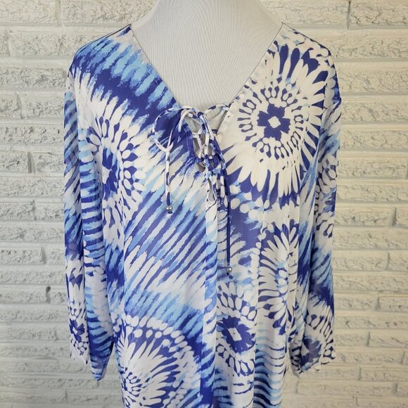Ana Womens Top 2X Plus Tunic 3/4 Sleeve Blue Tie Dye Lace Up Lightweight TIE15E - Picture 3 of 9